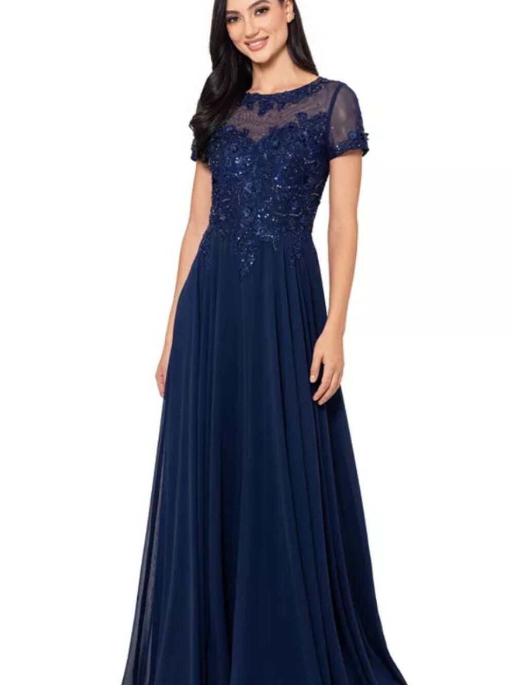 XSCAPE - Petite Boat-Neck Sequin Mesh Gown